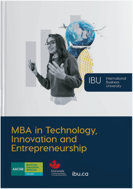 Professional MBA brochure highlighting online MBA programs in technology, innovation, and entrepreneurship, featuring key benefits for business students in Toronto